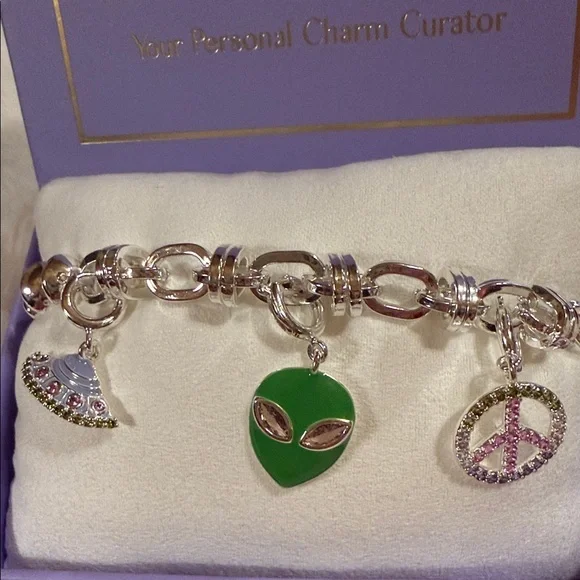 Charmelier Silver Bracelet with Green and Pink Charms - Picture 2 of 4